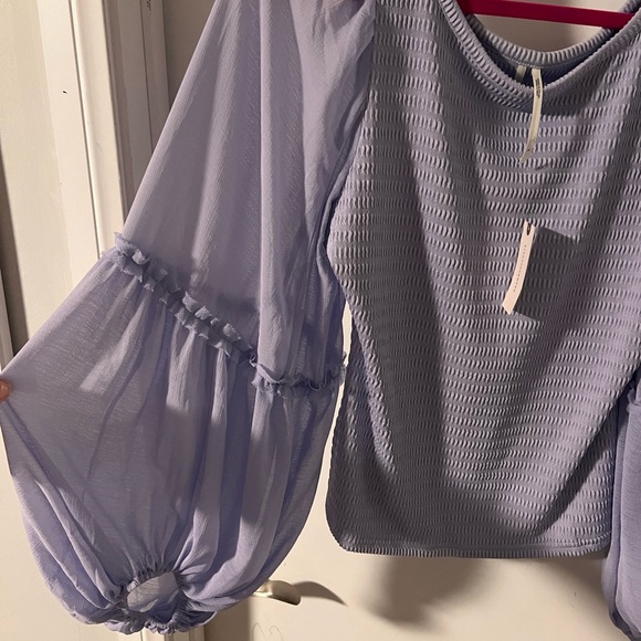 By Anthropologie Balloon-Sleeve Smocked lavender Top size large - Picture 7 of 8